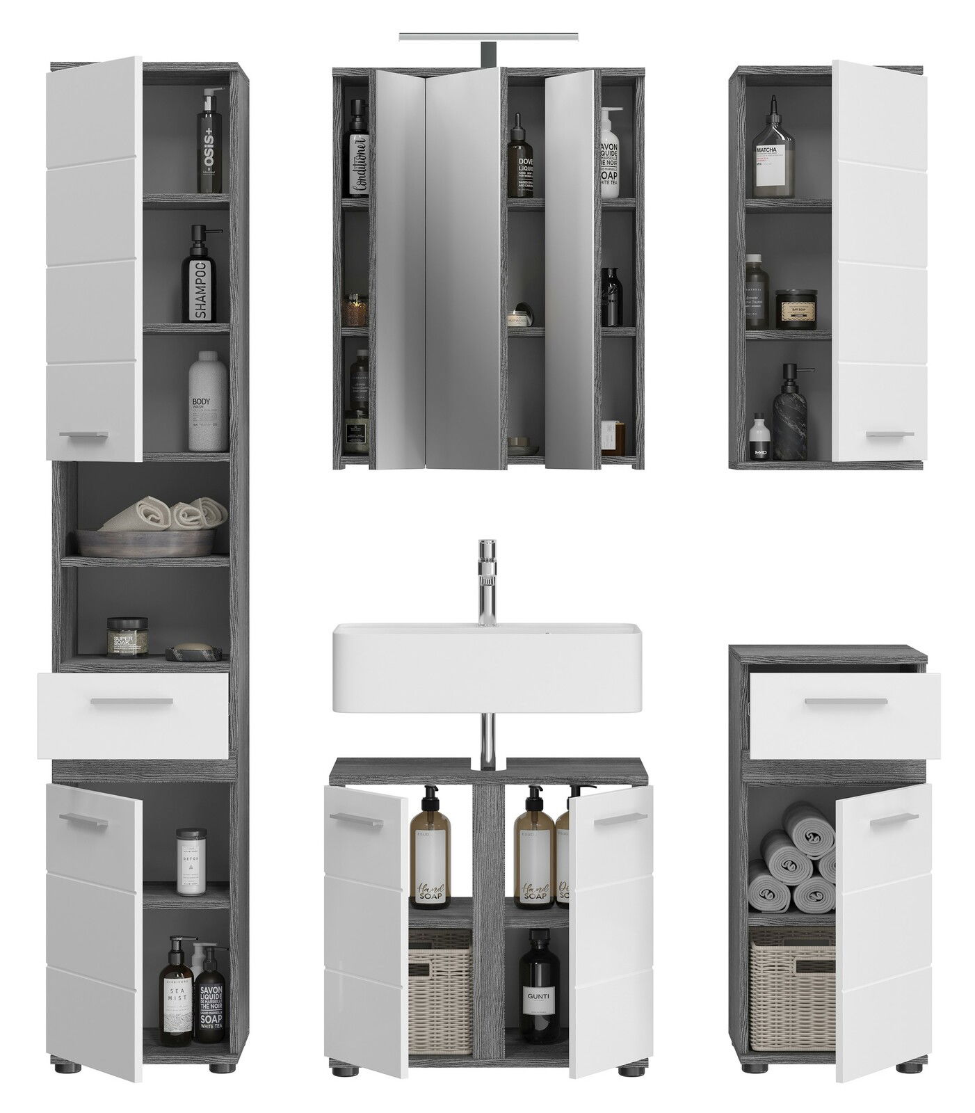 Moderne Badkombination mit Beleuchtung, bestehend aus mehreren Schränken und einem Waschbecken, frontal abgebildet.