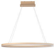 Moderne runde LED-Pendelleuchte in Beige mit Ring-Design und Seilaufhängung, Ansicht von vorne leicht von unten vor weißem Hintergrund
