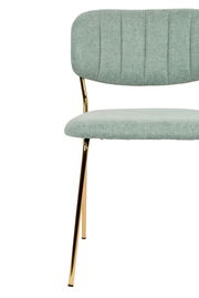 Moderner Stuhl mit mintgrünem Stoffbezug und goldenen Metallbeinen, Vorderansicht