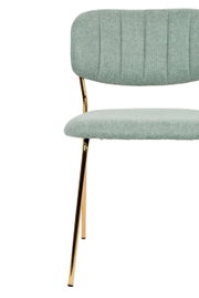 Moderner Stuhl mit mintgrünem Stoffbezug und goldenen Metallbeinen, Vorderansicht
