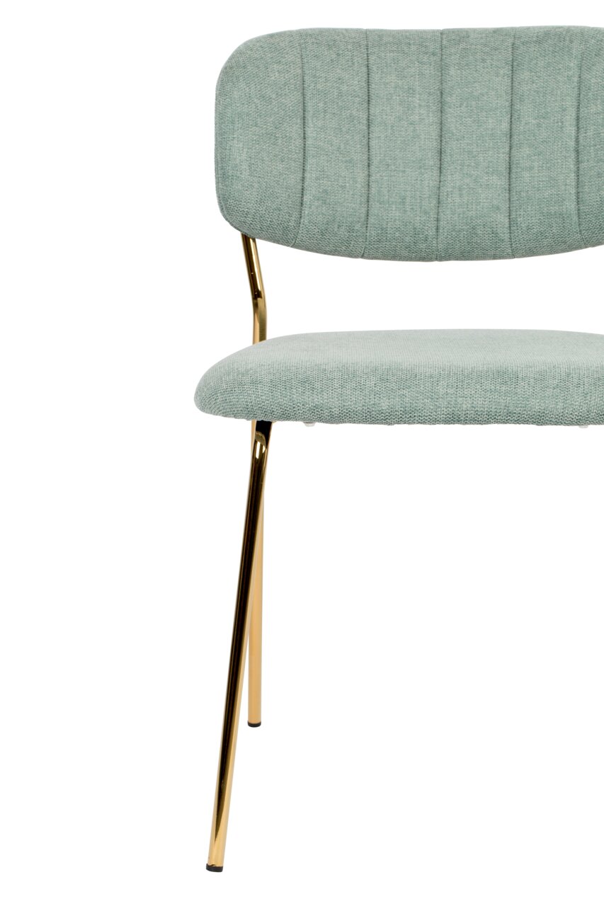 Moderne stoel met mintgroene stoffen bekleding en gouden metalen poten, vooraanzicht