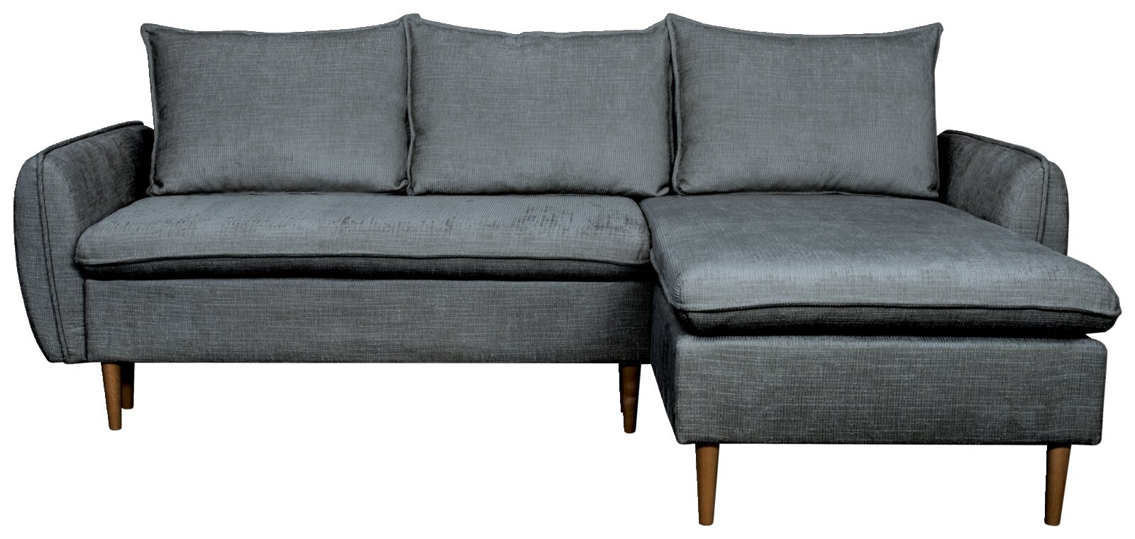 Graues Ecksofa mit Holzfüßen, Ansicht von vorne