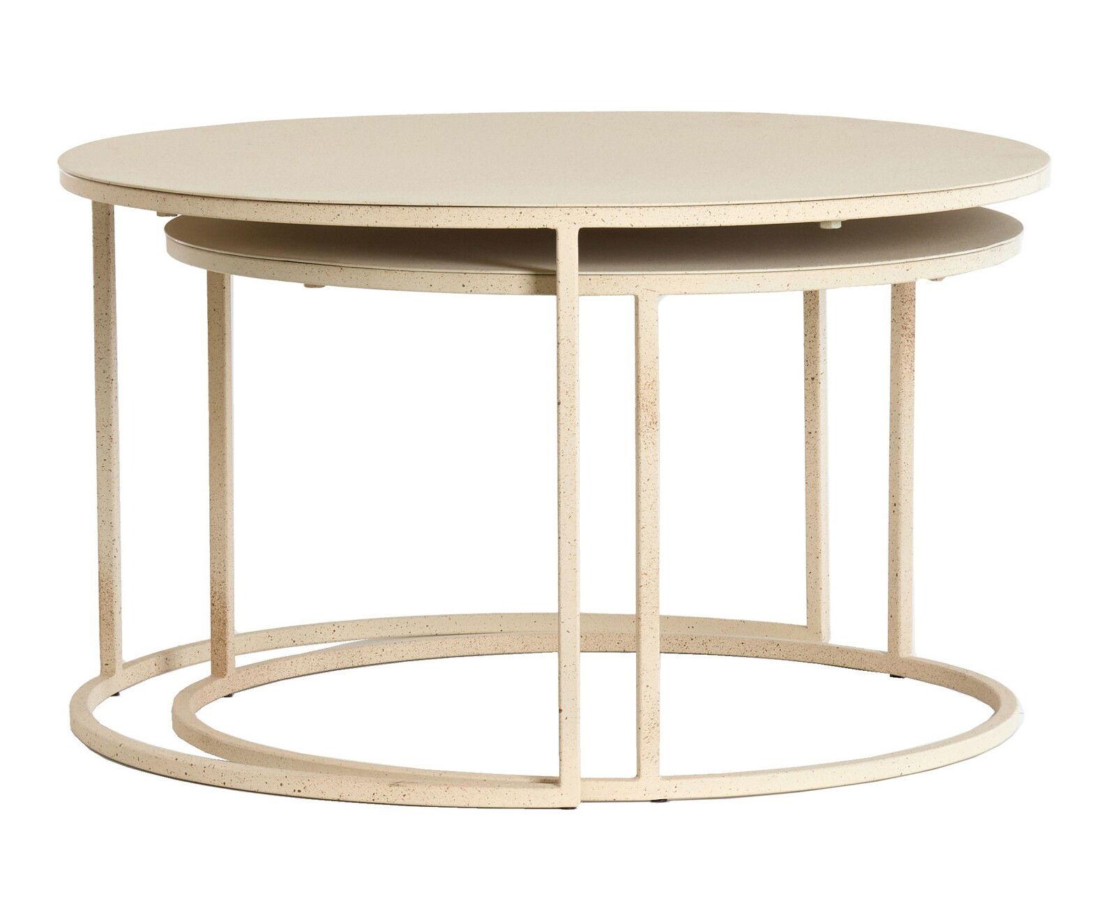 Moderner runder Couchtisch aus Metall in Beige, seitliche Perspektive