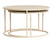 Moderner runder Couchtisch aus Metall in Beige, seitliche Perspektive