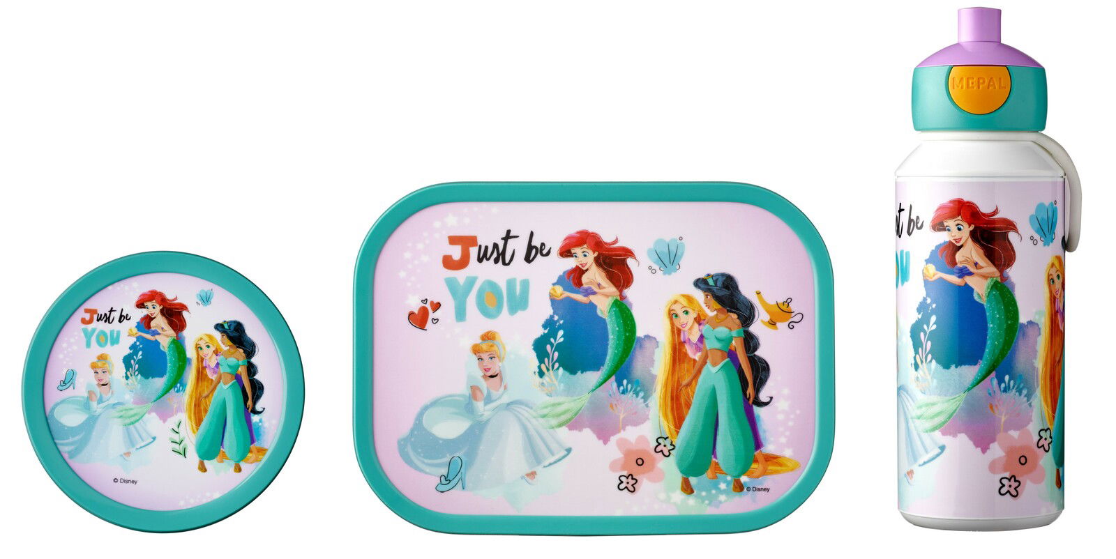Mepal Lunchset 3-tlg. Princess CAMPUS Lunchset Campus Princess mit Disney-Prinzessinnen-Design, bestehend aus einer runden Dose, einer rechteckigen Brotdose und einer Trinkflasche, Vorderansicht