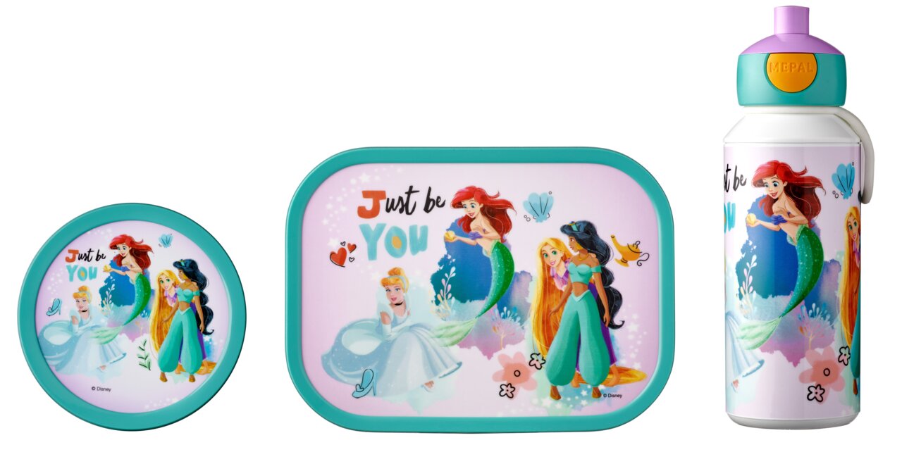 Mepal 3-delige lunchset Princess CAMPUS Lunchset Campus Princess met Disney-prinsessenmotief, bestaande uit een ronde trommel, een rechthoekige broodtrommel en een drinkfles, vooraanzicht