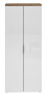 Hoher Aktenschrank mit weißen Türen und Holzoberfläche, Frontalansicht