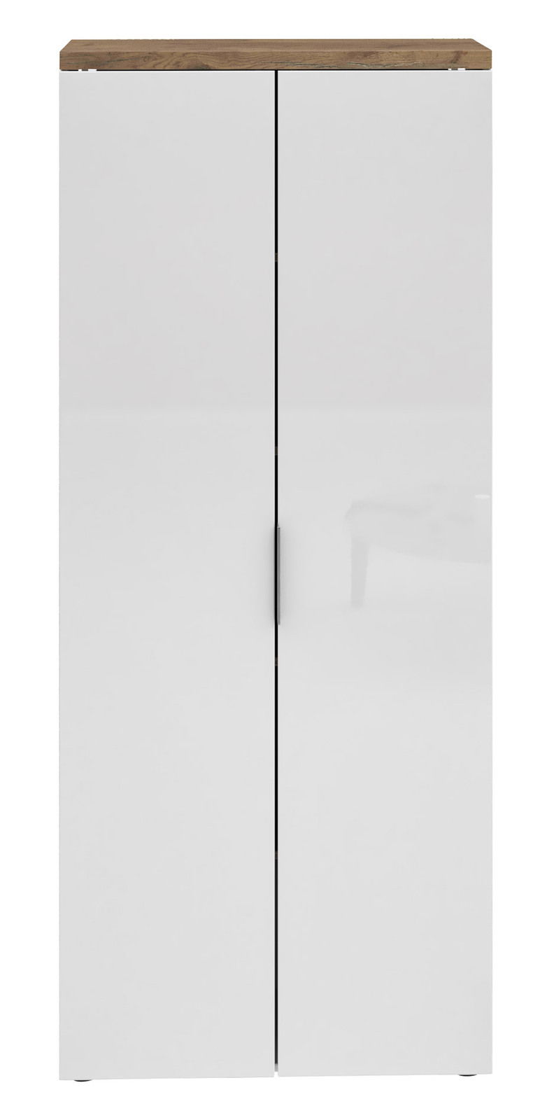 Hoher Aktenschrank mit weißen Türen und Holzoberfläche, Frontalansicht