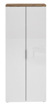 Hoher Aktenschrank mit weißen Türen und Holzoberfläche, Frontalansicht