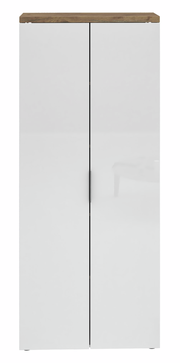 Hoher Aktenschrank mit weißen Türen und Holzoberfläche, Frontalansicht