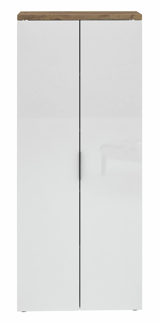 Hoher Aktenschrank mit weißen Türen und Holzoberfläche, Frontalansicht