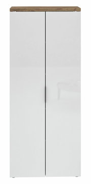 Hoher Aktenschrank mit weißen Türen und Holzoberfläche, Frontalansicht