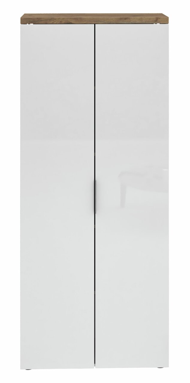 Hoher Aktenschrank mit weißen Türen und Holzoberfläche, Frontalansicht