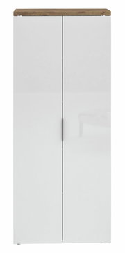 Hoher Aktenschrank mit weißen Türen und Holzoberfläche, Frontalansicht