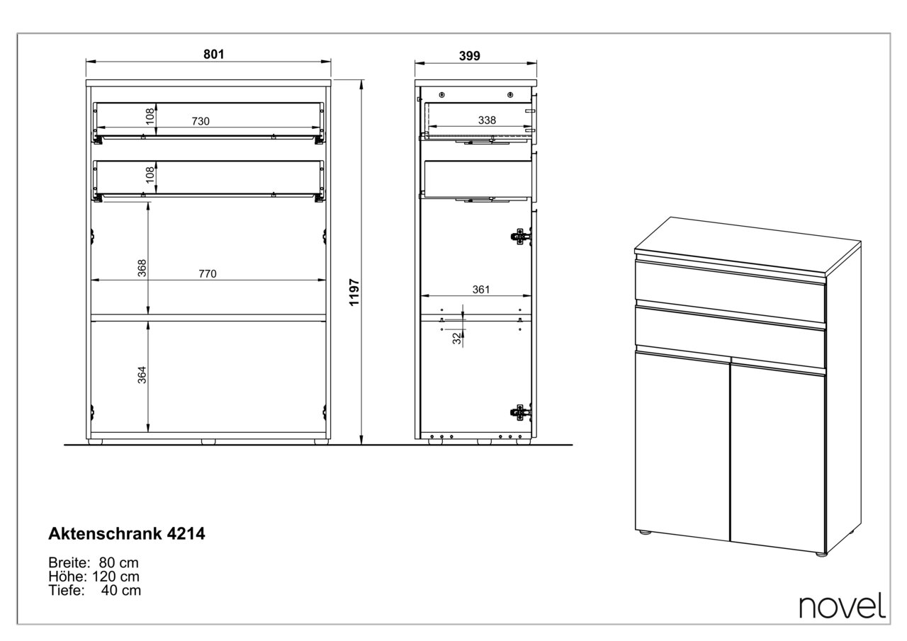 Tekening van een archiefkast met de afmetingen: breedte 80 cm, hoogte 120 cm, diepte 40 cm, vooraanzicht en zijaanzicht.