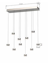 LED-Pendelleuchte mit mehreren hängenden Leuchtelementen, seitliche Perspektive, Maße 111cm x 31cm, Leuchtelemente Durchmesser 10cm, Höhe 8cm