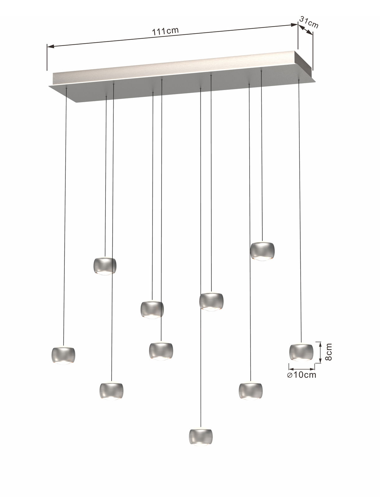 LED-Pendelleuchte mit mehreren hängenden Leuchtelementen, seitliche Perspektive, Maße 111cm x 31cm, Leuchtelemente Durchmesser 10cm, Höhe 8cm