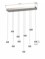 LED-Pendelleuchte mit mehreren hängenden Leuchtelementen, seitliche Perspektive, Maße 111cm x 31cm, Leuchtelemente Durchmesser 10cm, Höhe 8cm