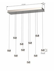 LED-Pendelleuchte mit mehreren hängenden Leuchtelementen, seitliche Perspektive, Maße 111cm x 31cm, Leuchtelemente Durchmesser 10cm, Höhe 8cm