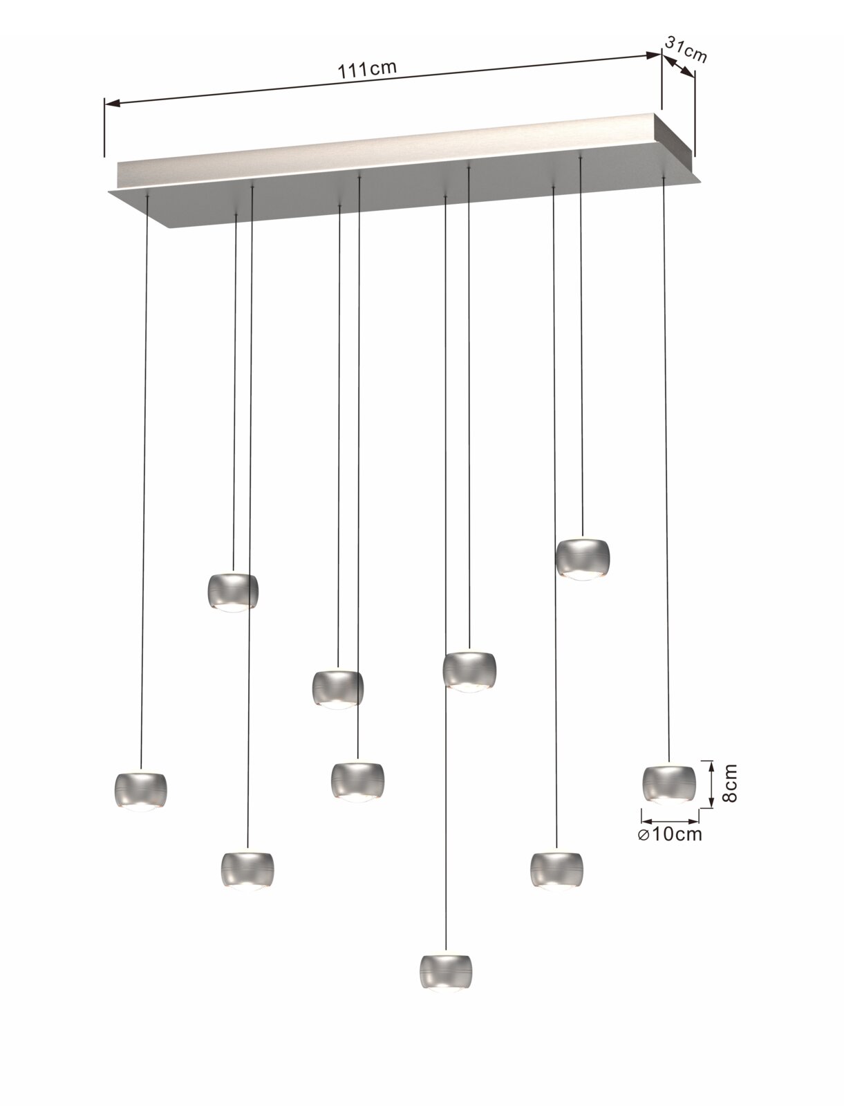 LED-hanglamp met meerdere hangende lichtelementen, zijaanzicht, afmetingen 111 cm x 31 cm, lichtelementen met een diameter van 10 cm, hoogte 8 cm