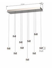 LED-hanglamp met meerdere hangende lichtelementen, zijaanzicht, afmetingen 111 cm x 31 cm, lichtelementen met een diameter van 10 cm, hoogte 8 cm