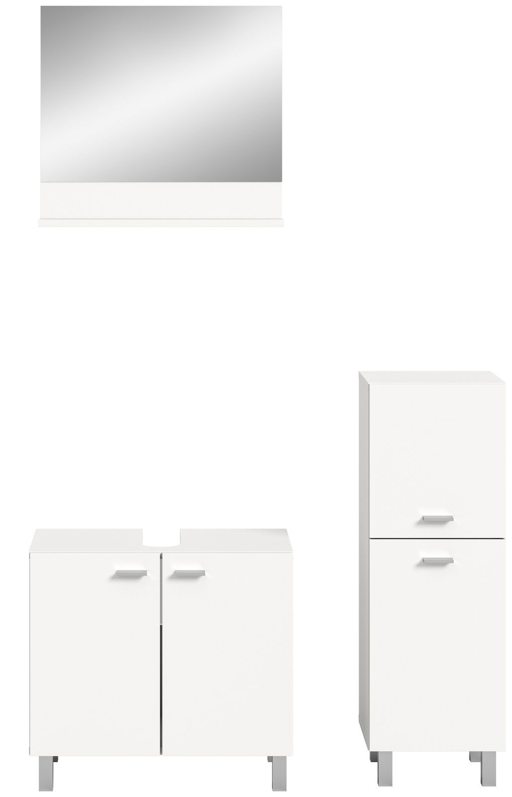 Frontansicht der Badkombination BOSTON mit Spiegel, Unterschrank und Hochschrank in modernem, weißem Design.