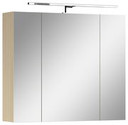 Moderner Spiegelschrank mit drei Türen und Holzseitenansicht, frontale Perspektive