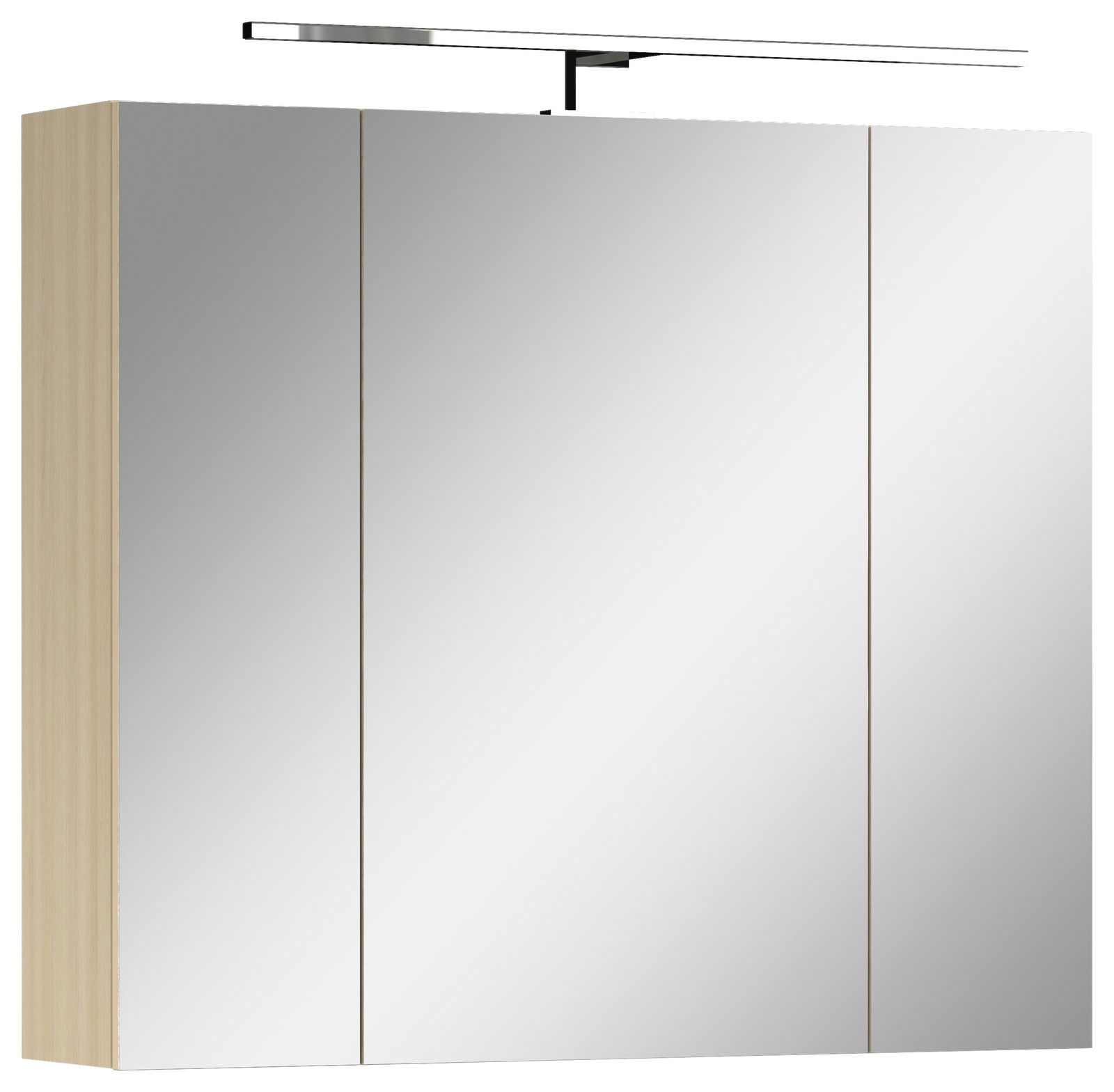 Moderner Spiegelschrank mit drei Türen und Holzseitenansicht, frontale Perspektive