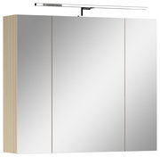 Moderner Spiegelschrank mit drei Türen und Holzseitenansicht, frontale Perspektive