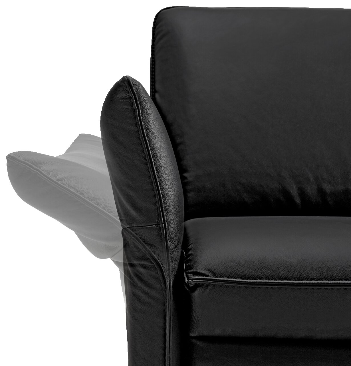 Nahaufnahme eines schwarzen Ledersofas mit verstellbarer Armlehne, seitliche Perspektive