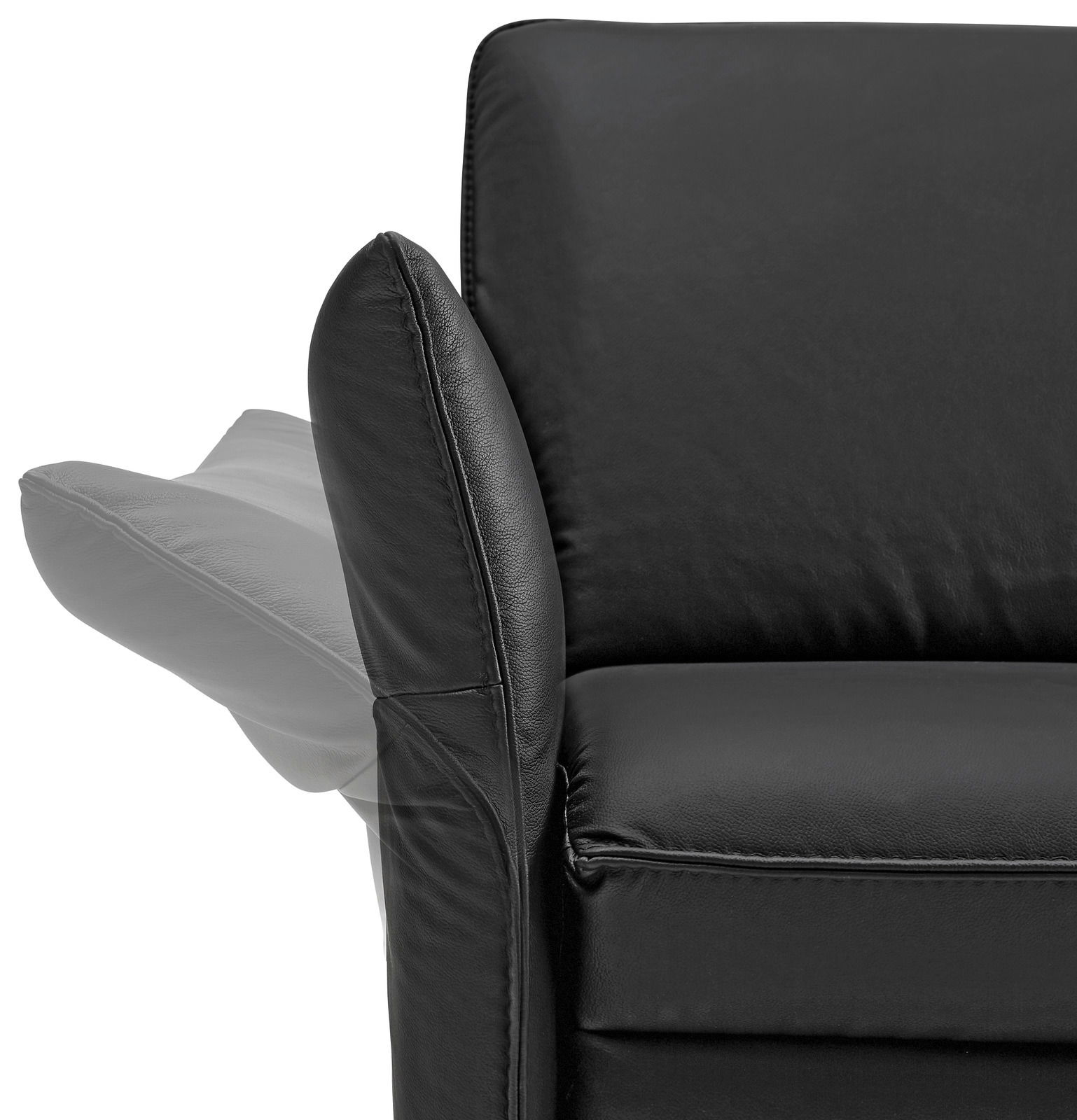 Nahaufnahme eines schwarzen Ledersofas mit verstellbarer Armlehne, seitliche Perspektive