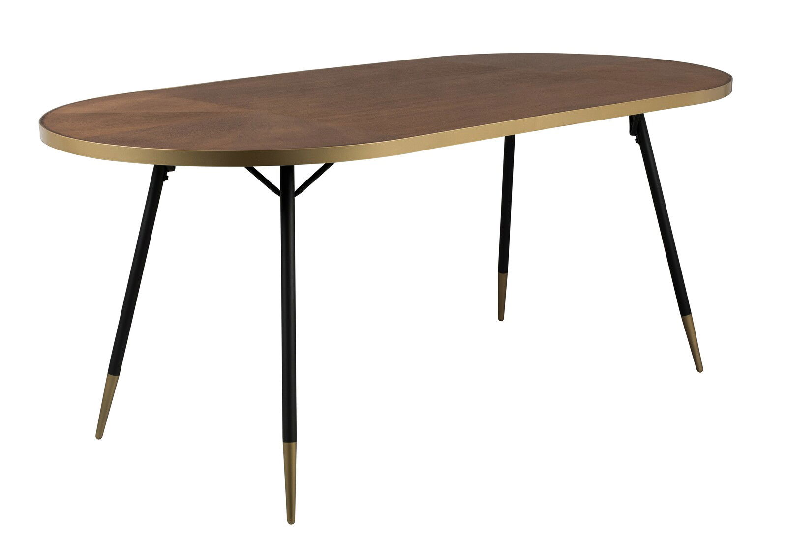 Moderner Esstisch mit ovaler Holzplatte und goldenen Akzenten, seitliche Perspektive