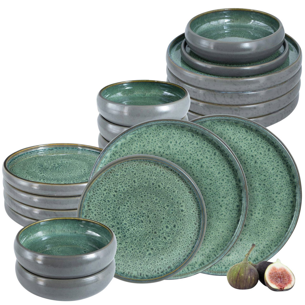 18-teiliges Tafelservice in Grün mit gesprenkeltem Design, bestehend aus flachen und tiefen Tellern sowie Schalen, seitliche Perspektive