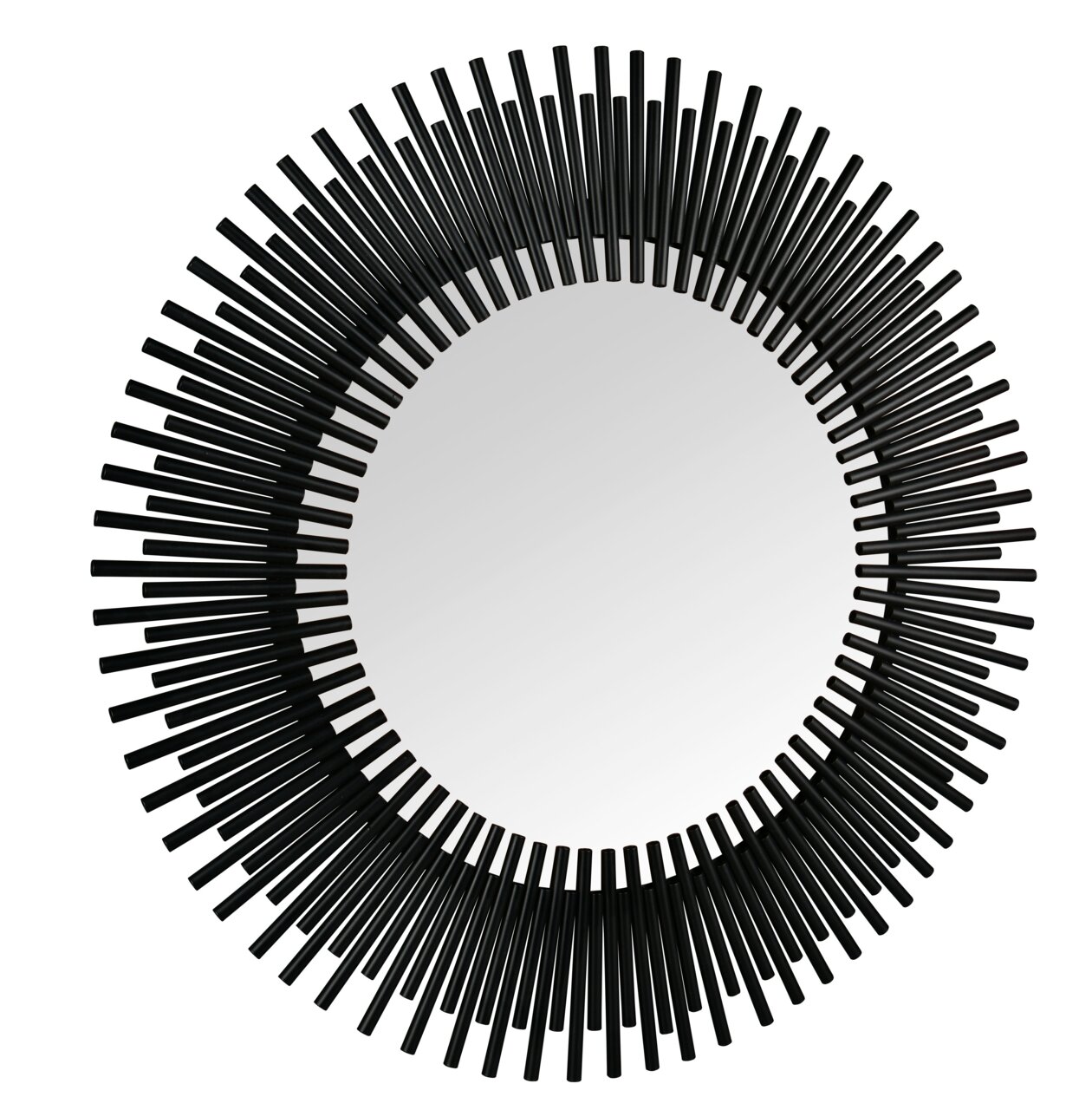Runder Spiegel mit einem Durchmesser von 110 cm, umgeben von einem auffälligen schwarzen Rahmen aus strahlenförmig angeordneten Stäben, aus der Frontalperspektive betrachtet.