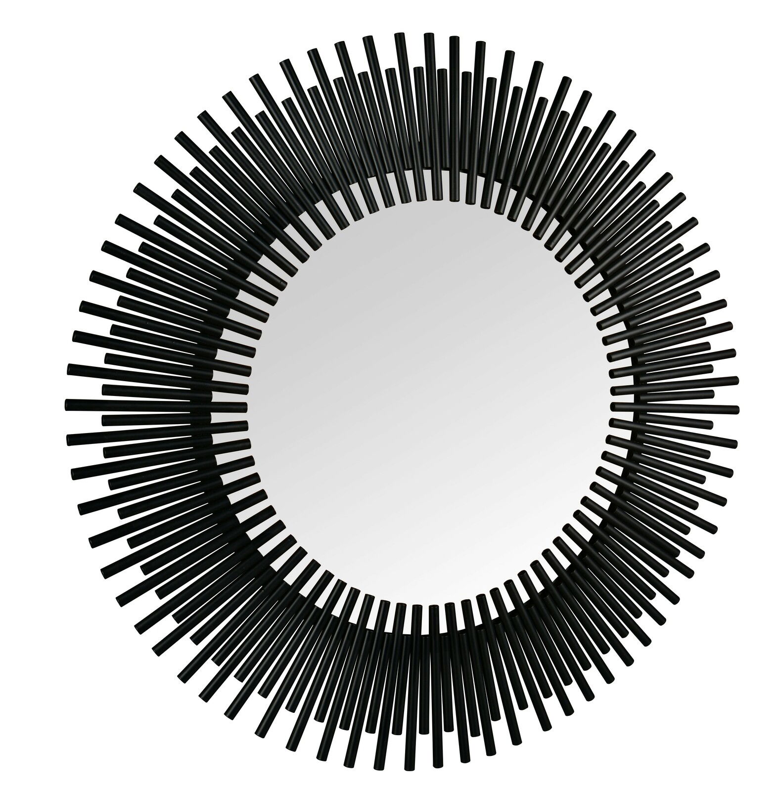 Runder Spiegel mit einem Durchmesser von 110 cm, umgeben von einem auffälligen schwarzen Rahmen aus strahlenförmig angeordneten Stäben, aus der Frontalperspektive betrachtet.