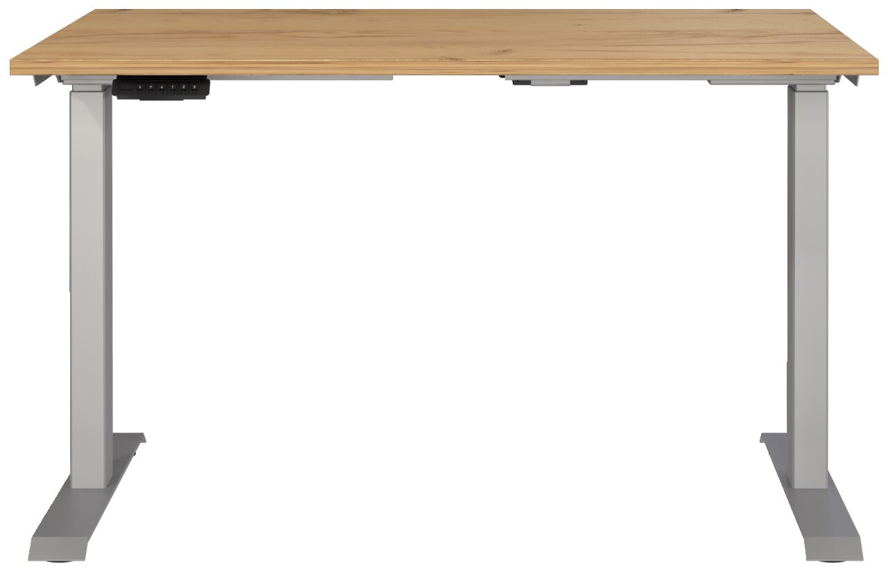 Elektrisch höhenverstellbarer Schreibtisch mit Holzplatte und grauem Gestell, Frontalansicht