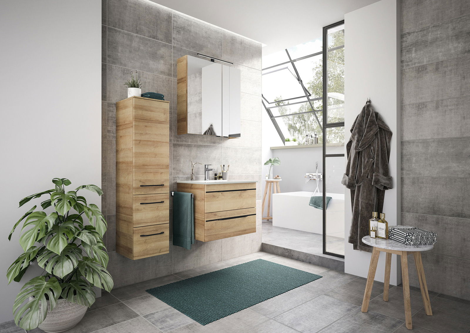 Moderne Badkombination mit Holzschränken und Spiegel, seitliche Perspektive