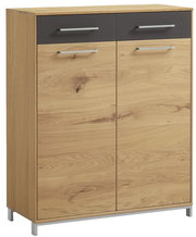 Kommode aus Holz mit zwei Schubladen und zwei Türen, frontal fotografiert