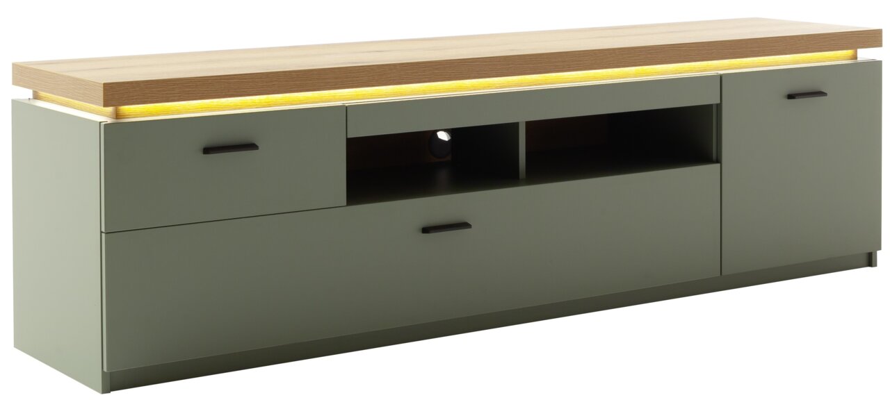 Modernes TV-Lowboard in Holzoptik mit LED-Beleuchtung, seitliche Perspektive