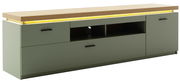 Modernes TV-Lowboard in Holzoptik mit LED-Beleuchtung, seitliche Perspektive
