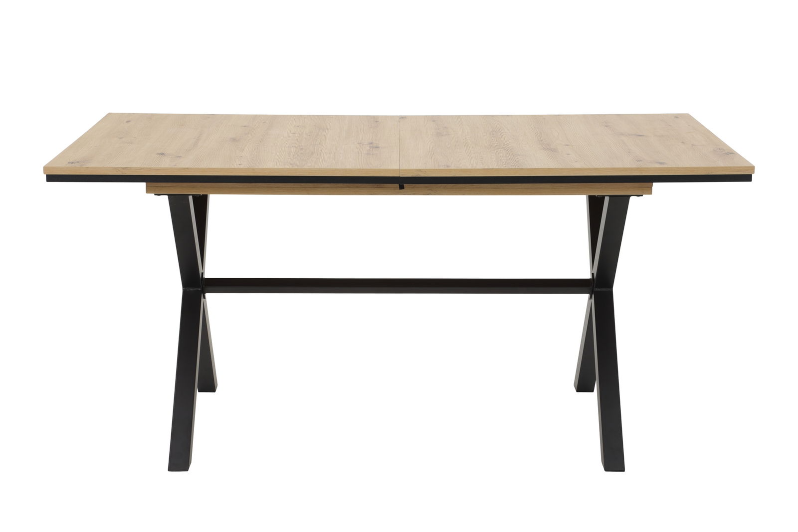 Moderner Esstisch mit Holzplatte und schwarzen Metallbeinen, Frontalansicht.