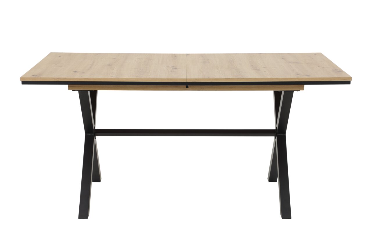 Moderner Esstisch mit Holzplatte und schwarzen Metallbeinen, Frontalansicht.