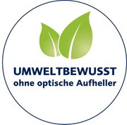 Milieubewust logo met twee groene bladeren en de tekst 'MILIEUBEWUST zonder optische witmakers', gezien van voren.