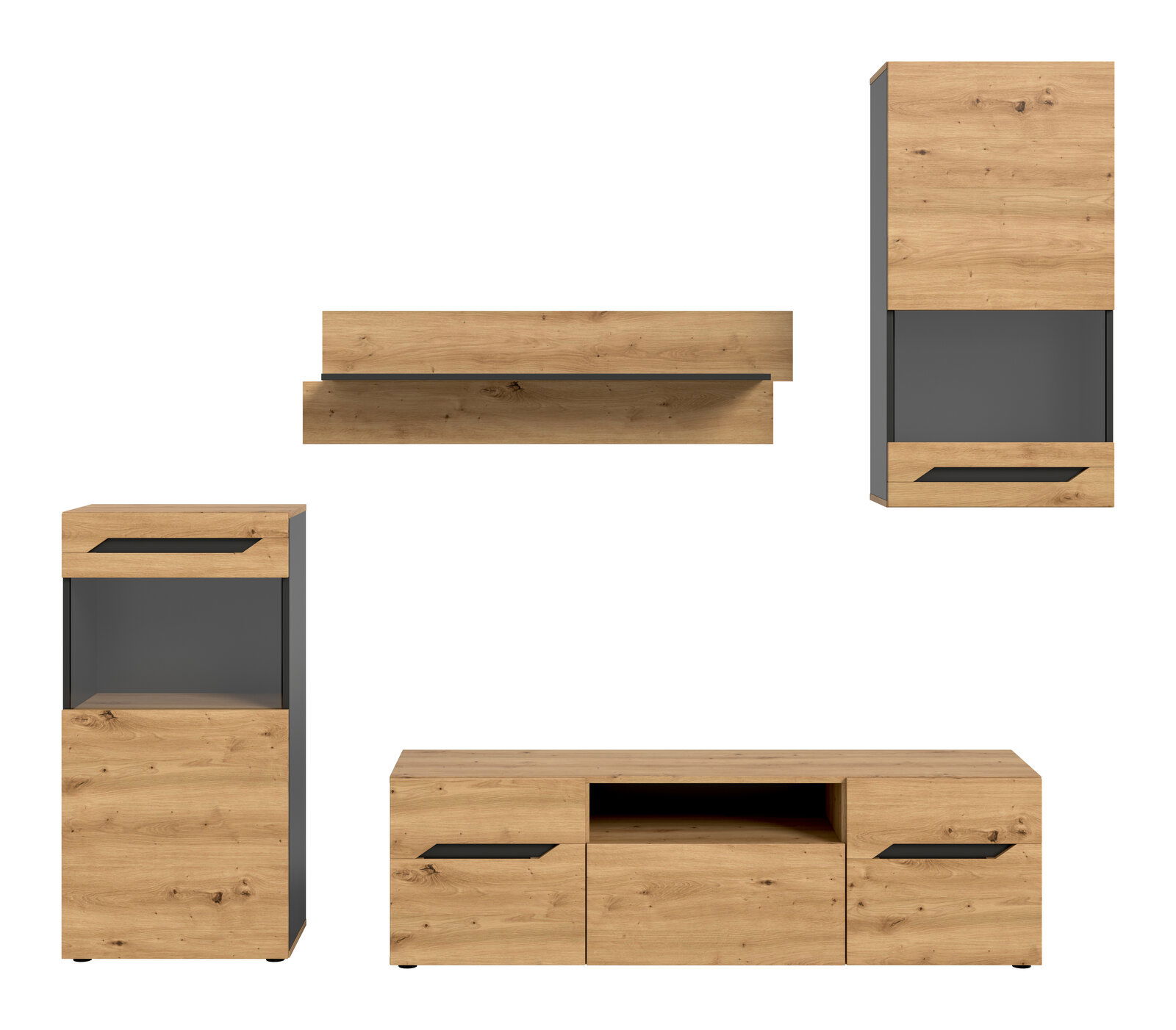 Modernes Wohnwand-Set in Eiche-Optik mit anthrazitfarbenen Elementen, bestehend aus Lowboard, zwei Vitrinen/Highboards und Wandboard, Frontansicht auf weißem Hintergrund.
