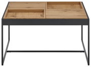 Moderner Couchtisch mit Holzoberfläche und Metallgestell, frontale Ansicht