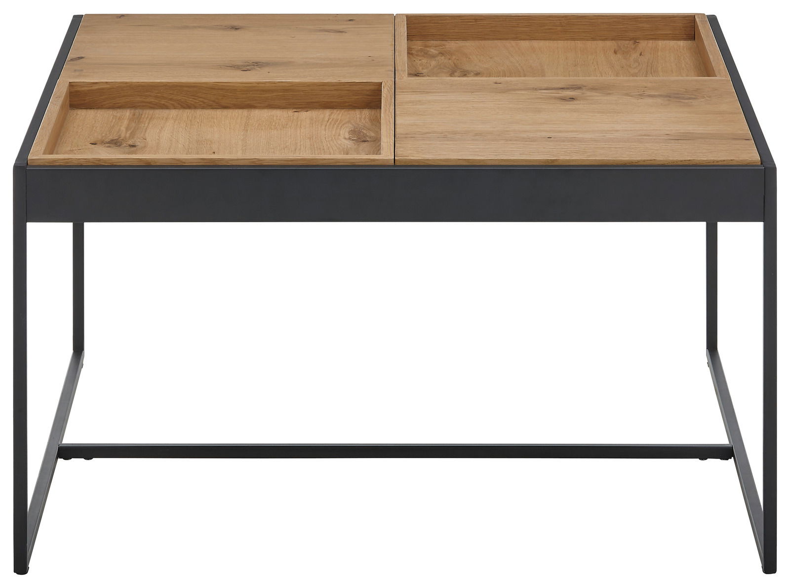 Moderner Couchtisch mit Holzoberfläche und Metallgestell, frontale Ansicht