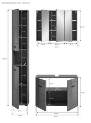 Badkombination bestehend aus einem hohen Schrank, einem Spiegelschrank und einem Unterschrank, alle in grauer Farbe. Der hohe Schrank hat mehrere Fächer mit Türen, der Spiegelschrank hat drei Spiegeltüren und der Unterschrank bietet Stauraum unter dem Was
