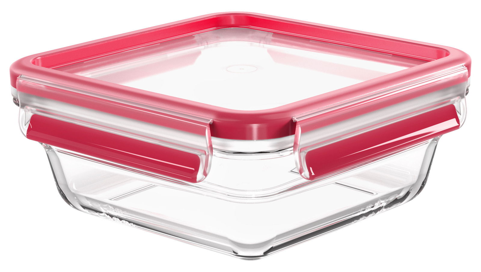 Quadratische Glasbox mit rotem Deckel, seitliche Perspektive