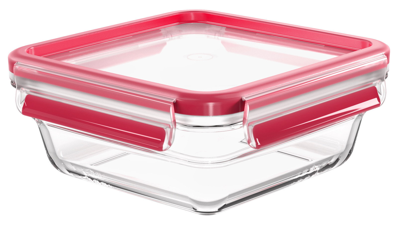 Quadratische Glasbox mit rotem Deckel, seitliche Perspektive