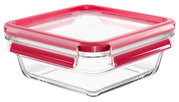 Quadratische Glasbox mit rotem Deckel, seitliche Perspektive
